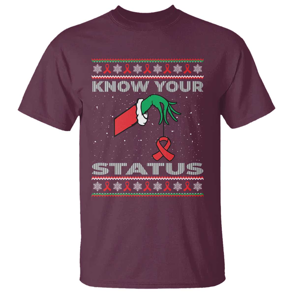 Funny Know Your Status Green Hand T Shirt Red Ribbon HIV Ugly Sweater Gift