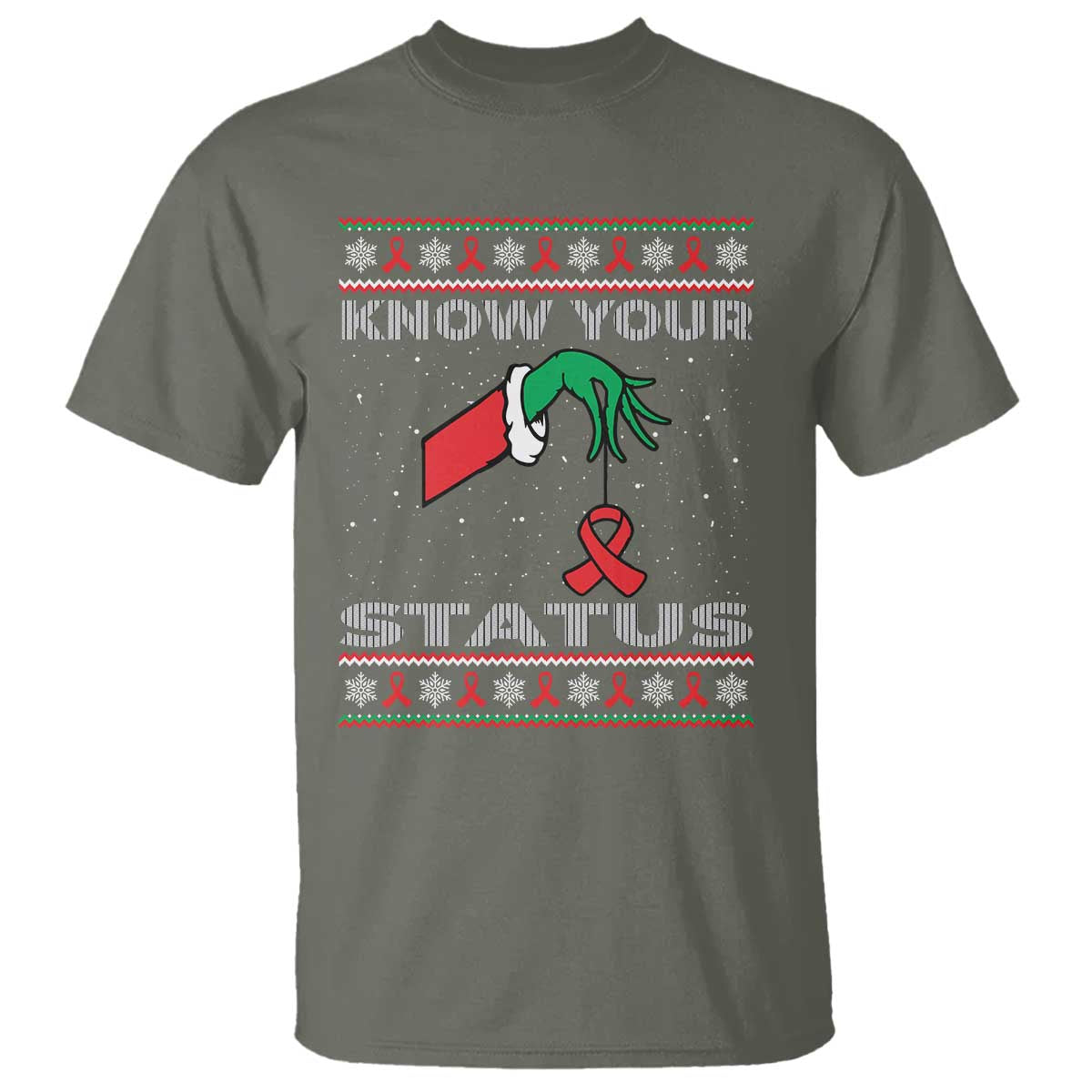 Funny Know Your Status Green Hand T Shirt Red Ribbon HIV Ugly Sweater Gift