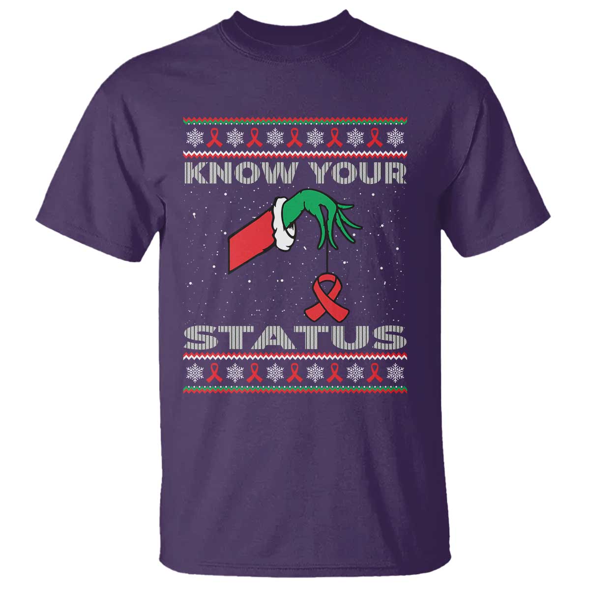 Funny Know Your Status Green Hand T Shirt Red Ribbon HIV Ugly Sweater Gift