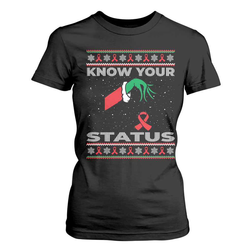 Funny Know Your Status Green Hand T Shirt For Women Red Ribbon HIV Ugly Sweater Gift