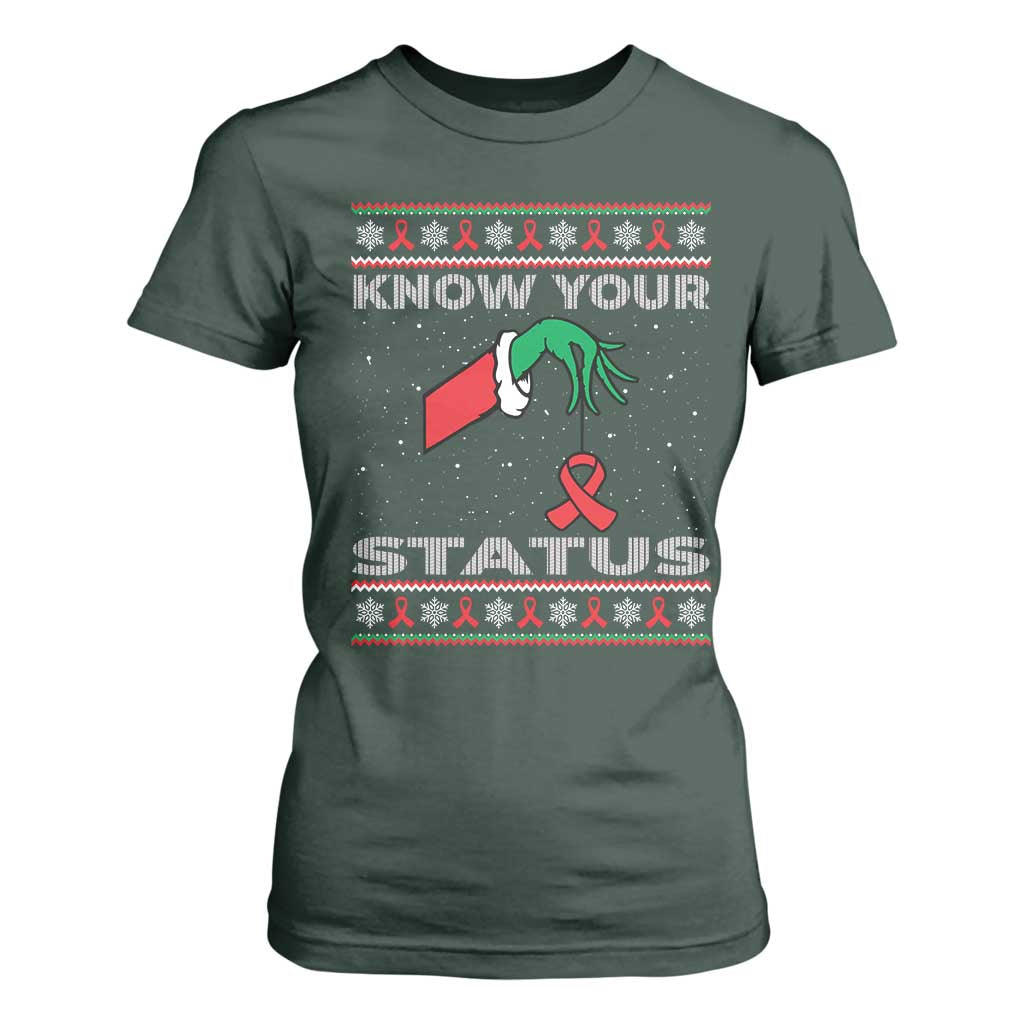 Funny Know Your Status Green Hand T Shirt For Women Red Ribbon HIV Ugly Sweater Gift
