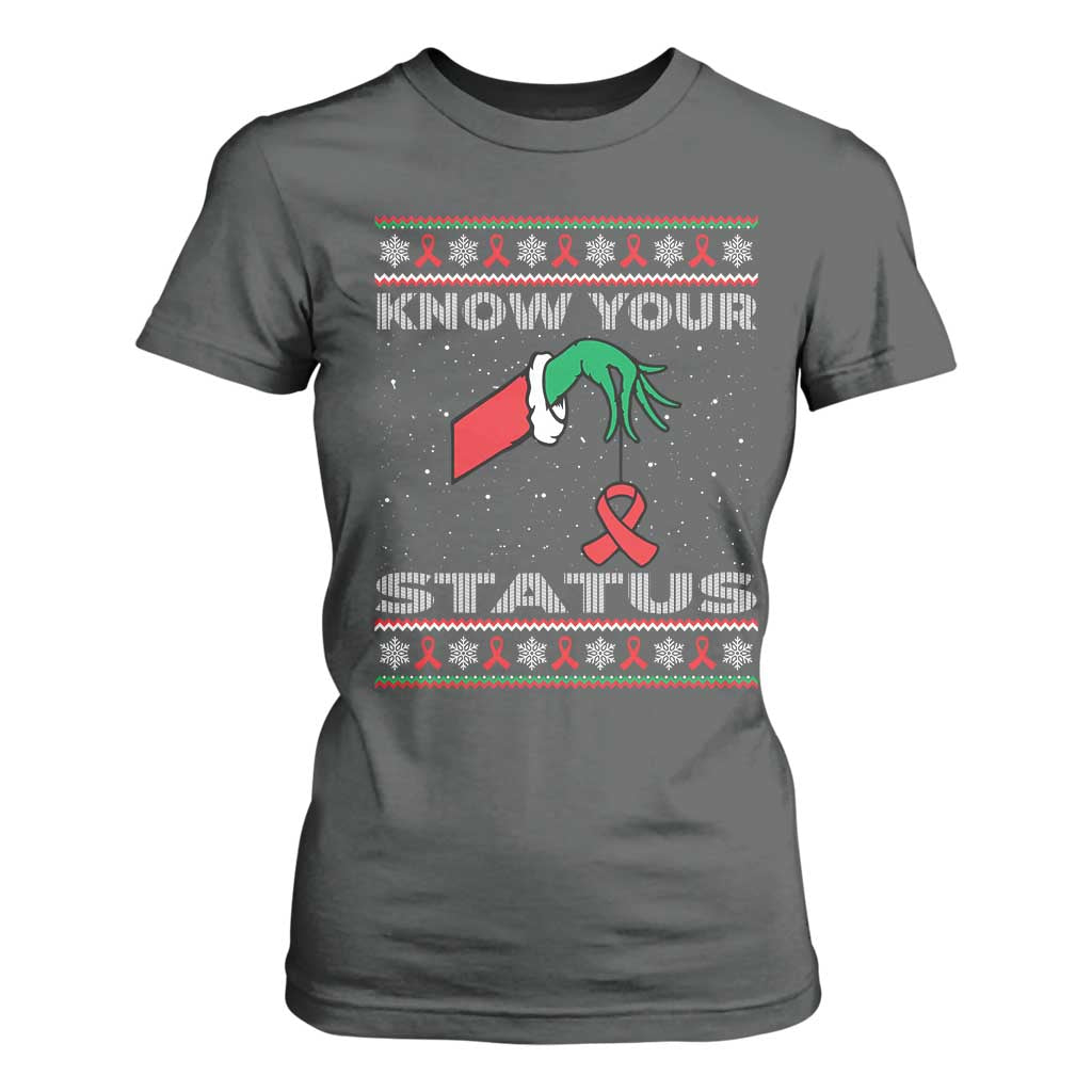 Funny Know Your Status Green Hand T Shirt For Women Red Ribbon HIV Ugly Sweater Gift