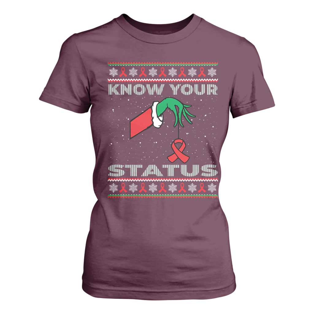 Funny Know Your Status Green Hand T Shirt For Women Red Ribbon HIV Ugly Sweater Gift