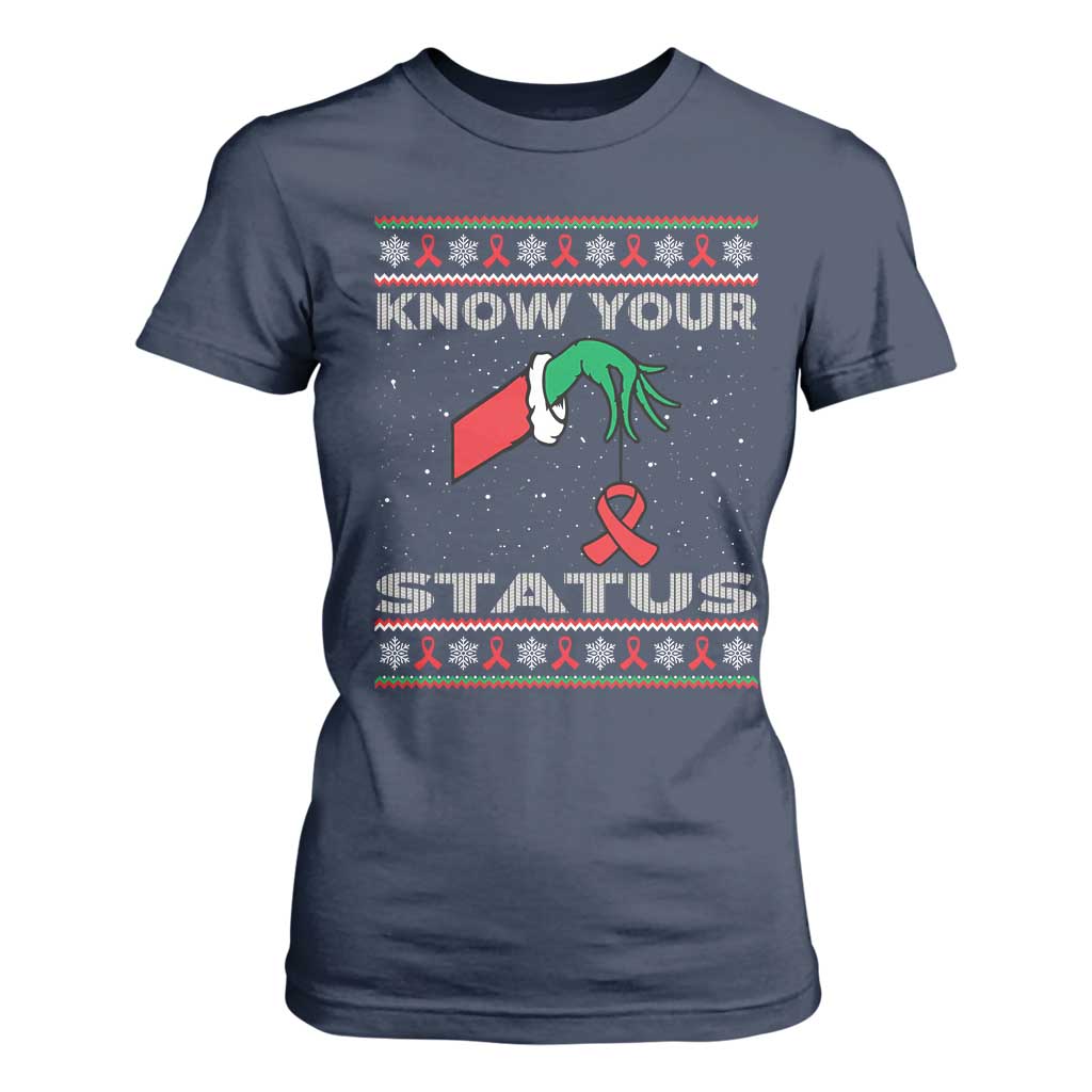 Funny Know Your Status Green Hand T Shirt For Women Red Ribbon HIV Ugly Sweater Gift