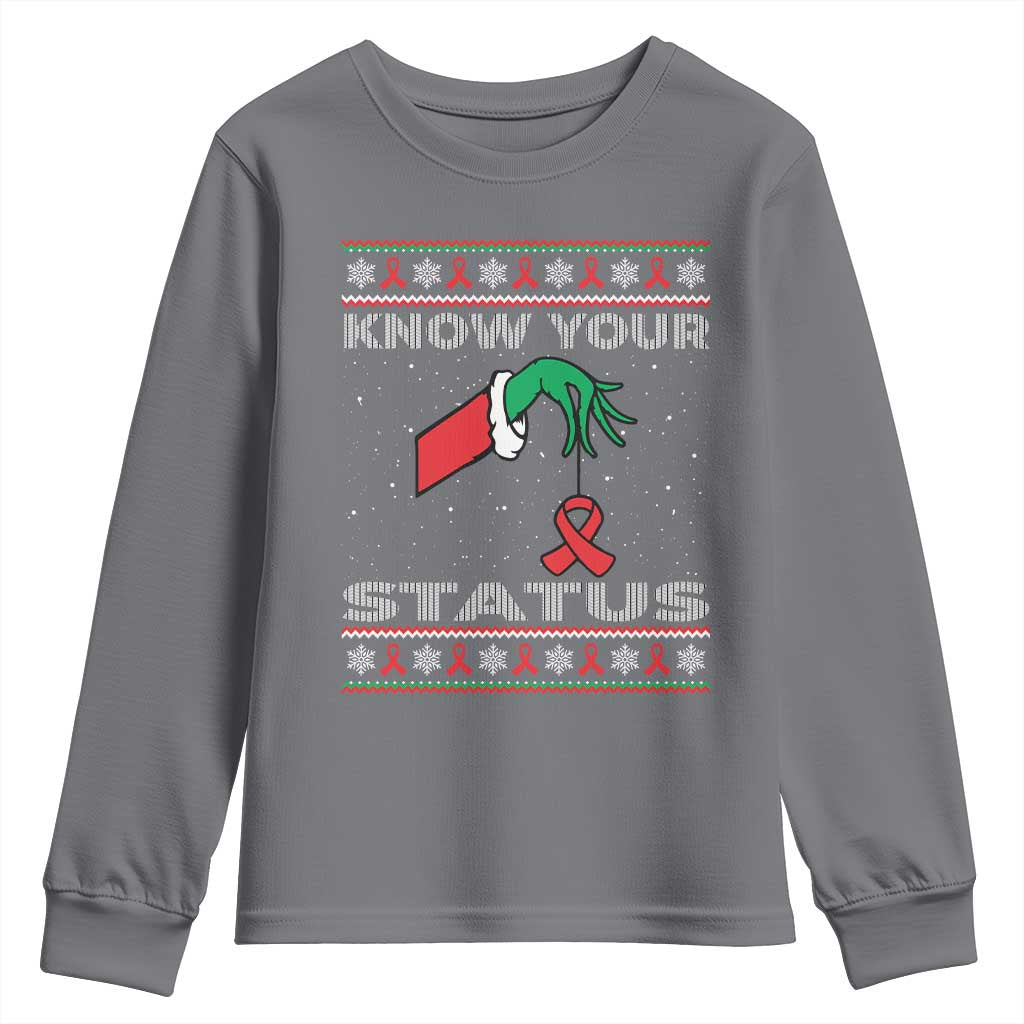 Funny Know Your Status Green Hand Youth Sweatshirt Red Ribbon HIV Ugly Sweater Gift