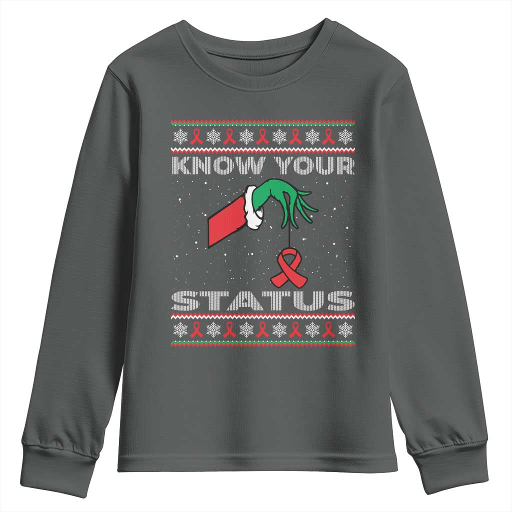 Funny Know Your Status Green Hand Youth Sweatshirt Red Ribbon HIV Ugly Sweater Gift