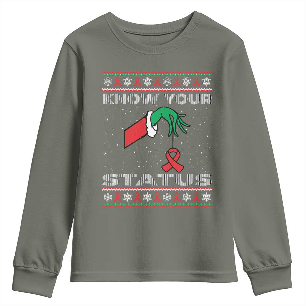 Funny Know Your Status Green Hand Youth Sweatshirt Red Ribbon HIV Ugly Sweater Gift