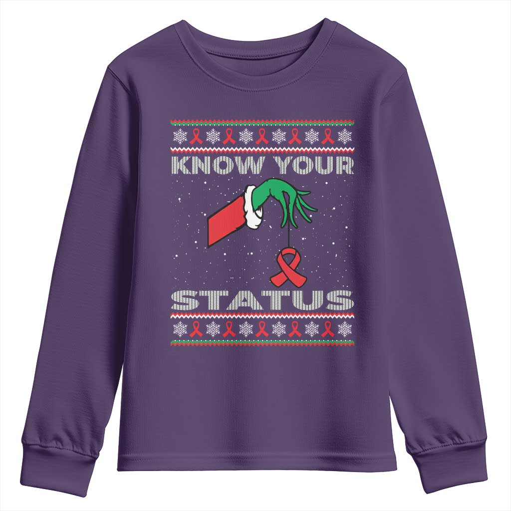 Funny Know Your Status Green Hand Youth Sweatshirt Red Ribbon HIV Ugly Sweater Gift
