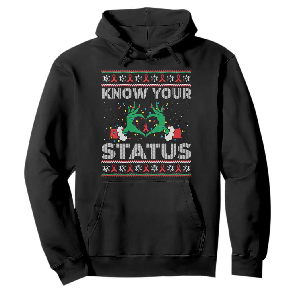 Know Your Status HIV Support Gift Hoodie Ugly Sweater Green Hand Red Ribbon