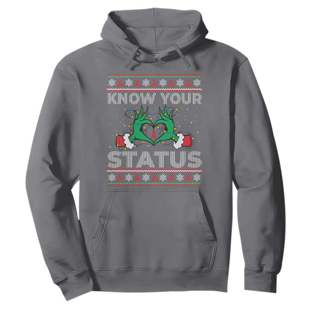Know Your Status HIV Support Gift Hoodie Ugly Sweater Green Hand Red Ribbon
