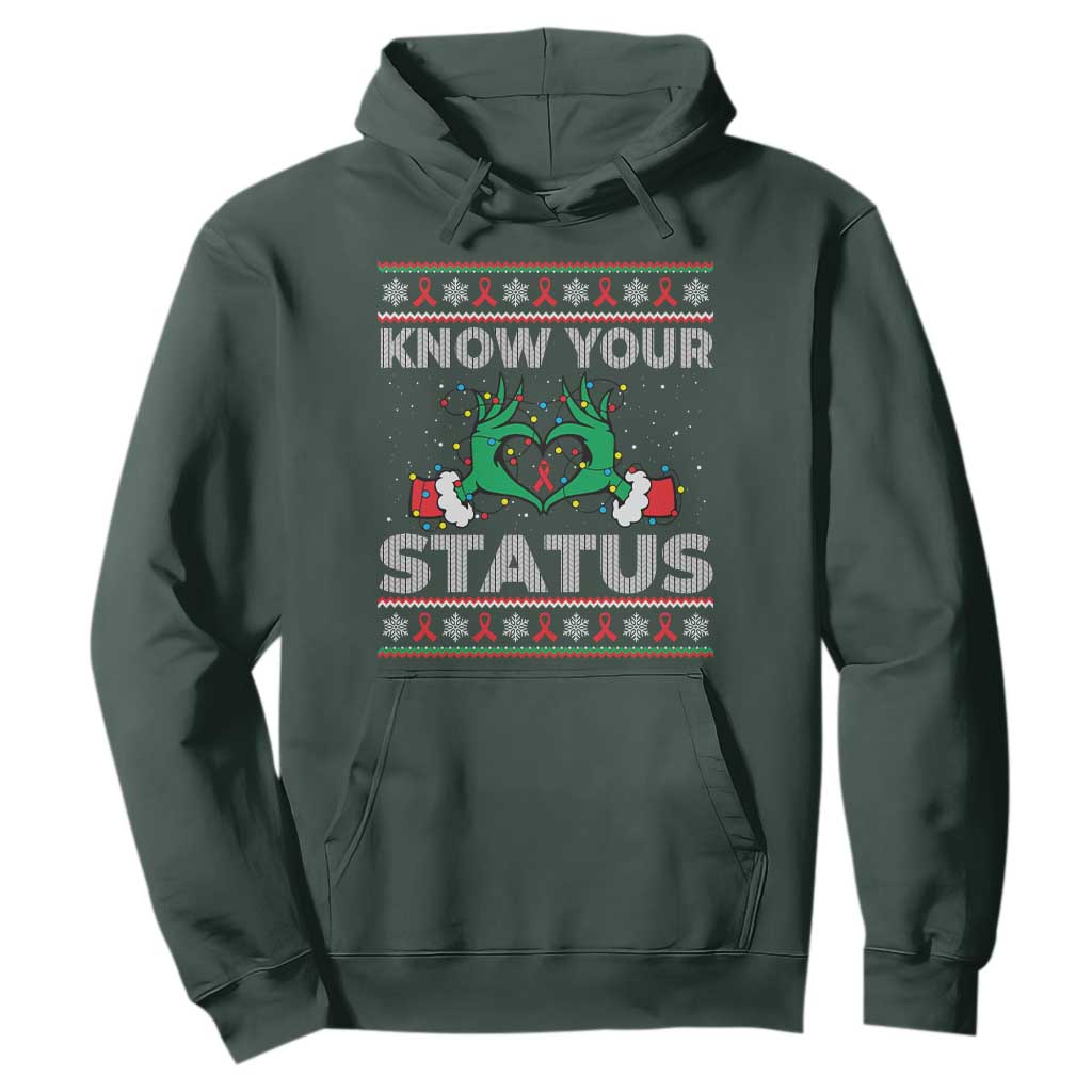 Know Your Status HIV Support Gift Hoodie Ugly Sweater Green Hand Red Ribbon
