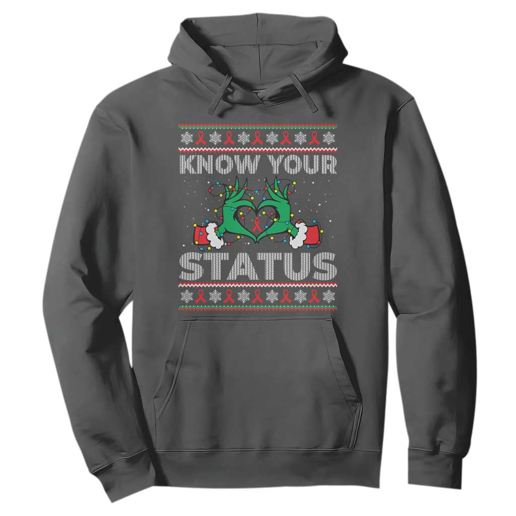 Know Your Status HIV Support Gift Hoodie Ugly Sweater Green Hand Red Ribbon