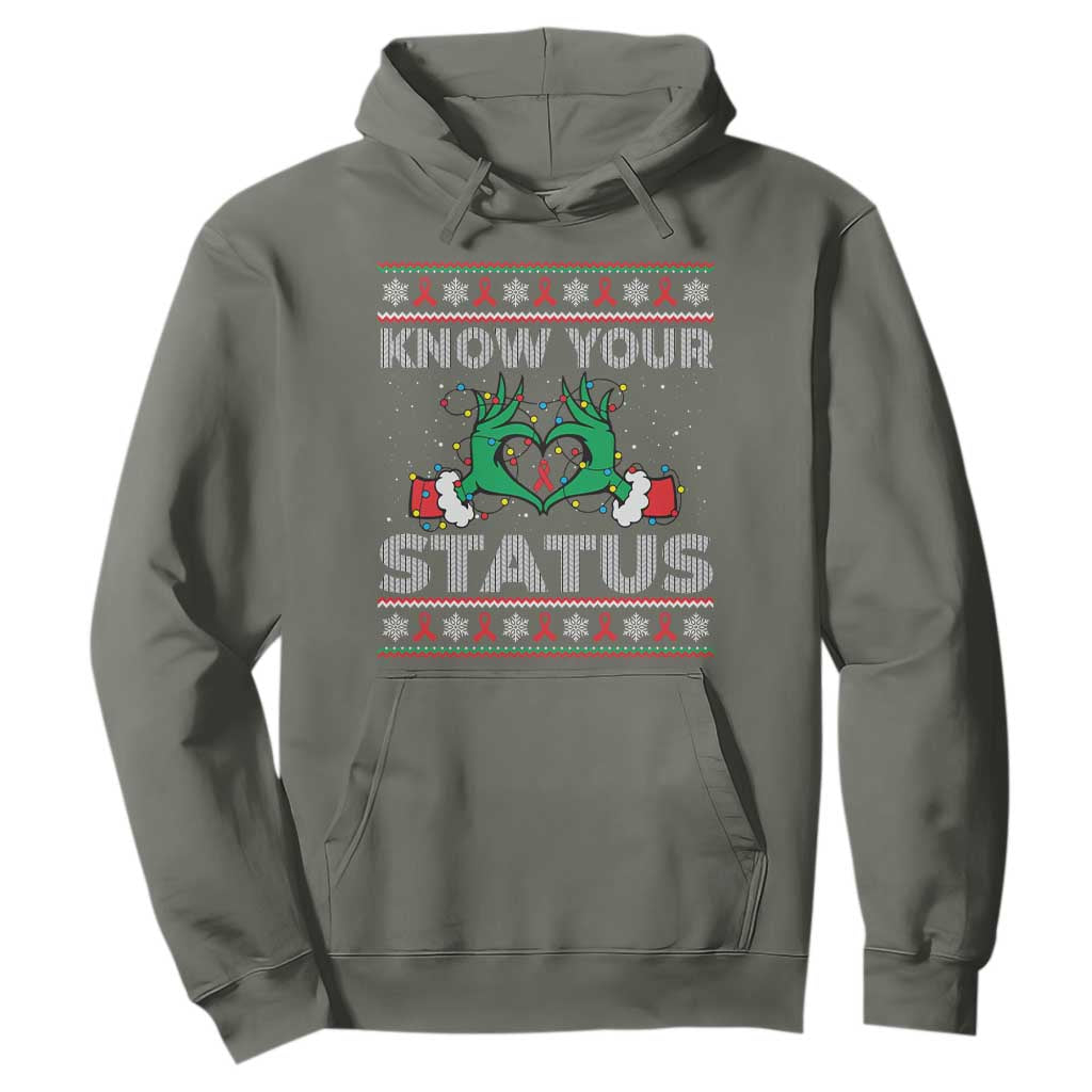 Know Your Status HIV Support Gift Hoodie Ugly Sweater Green Hand Red Ribbon