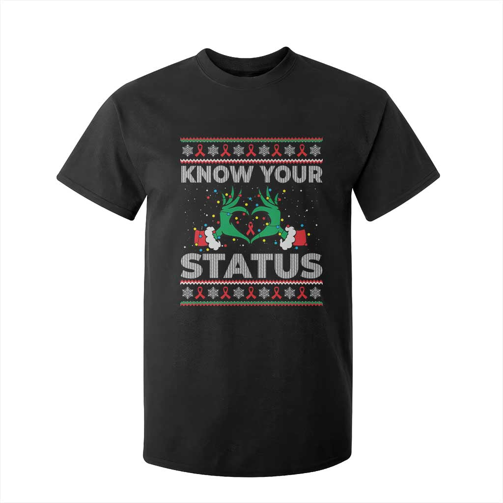 Know Your Status HIV Support Gift T Shirt For Kid Ugly Sweater Green Hand Red Ribbon