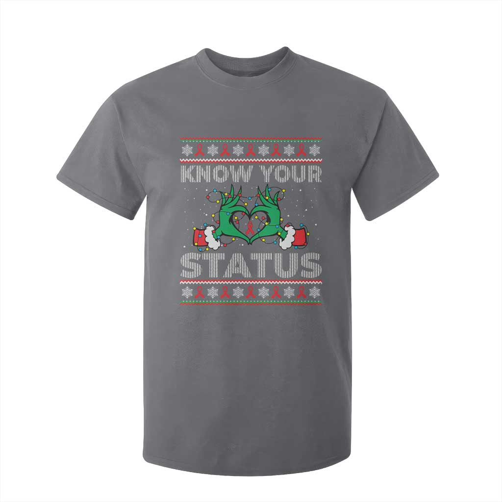 Know Your Status HIV Support Gift T Shirt For Kid Ugly Sweater Green Hand Red Ribbon