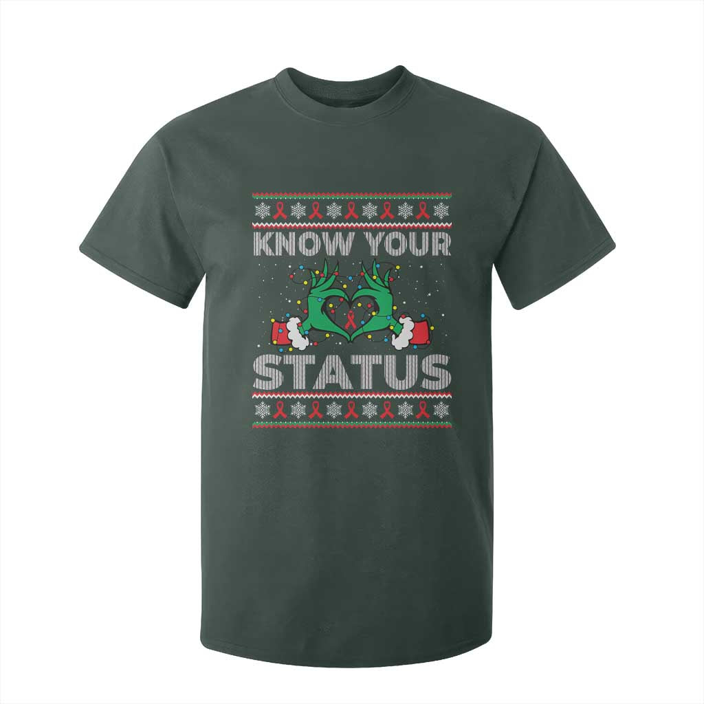 Know Your Status HIV Support Gift T Shirt For Kid Ugly Sweater Green Hand Red Ribbon