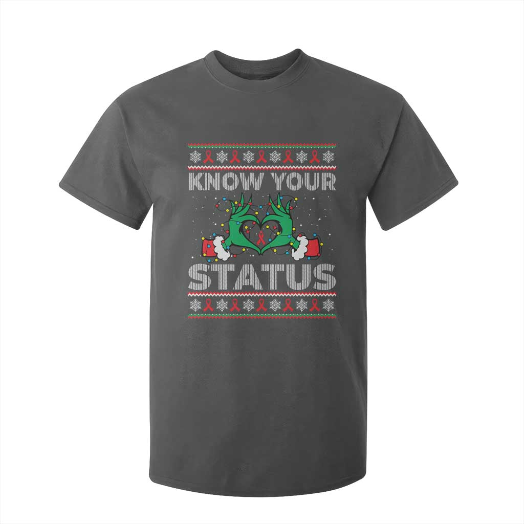 Know Your Status HIV Support Gift T Shirt For Kid Ugly Sweater Green Hand Red Ribbon