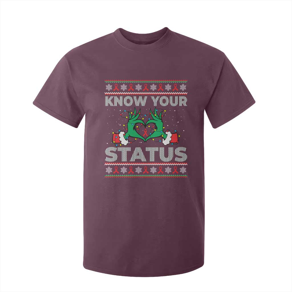 Know Your Status HIV Support Gift T Shirt For Kid Ugly Sweater Green Hand Red Ribbon