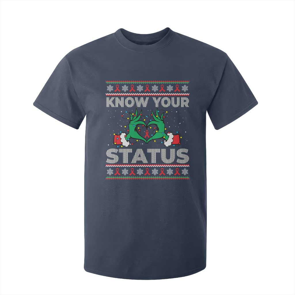Know Your Status HIV Support Gift T Shirt For Kid Ugly Sweater Green Hand Red Ribbon