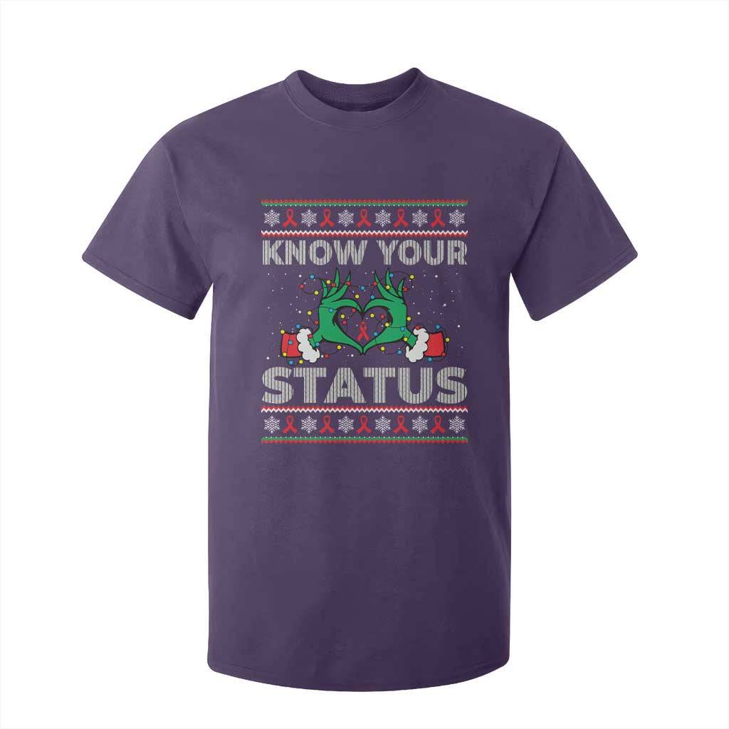 Know Your Status HIV Support Gift T Shirt For Kid Ugly Sweater Green Hand Red Ribbon