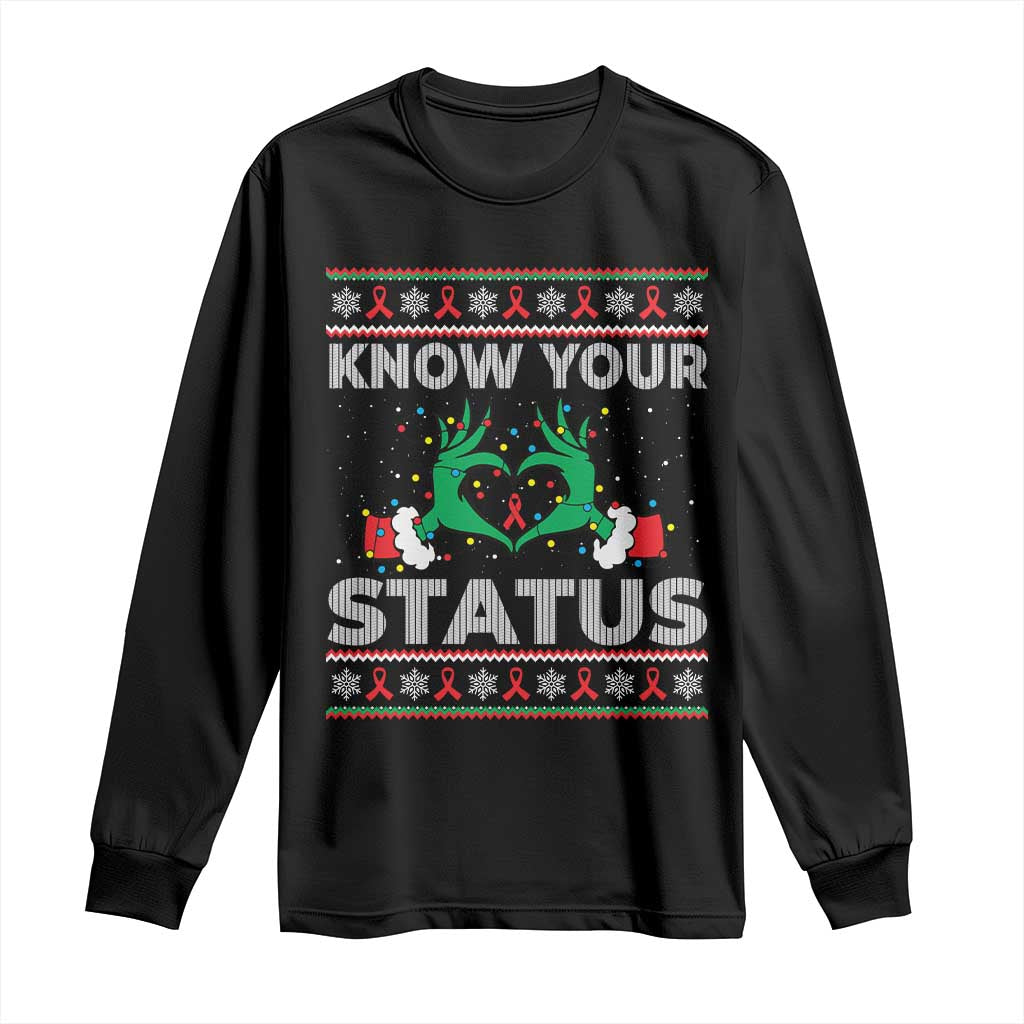 Know Your Status HIV Support Gift Long Sleeve Shirt Ugly Sweater Green Hand Red Ribbon