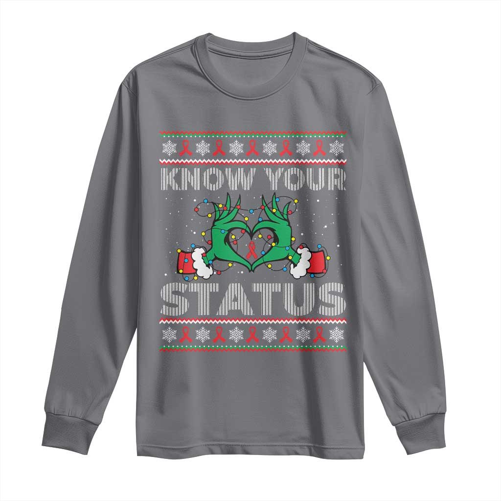 Know Your Status HIV Support Gift Long Sleeve Shirt Ugly Sweater Green Hand Red Ribbon