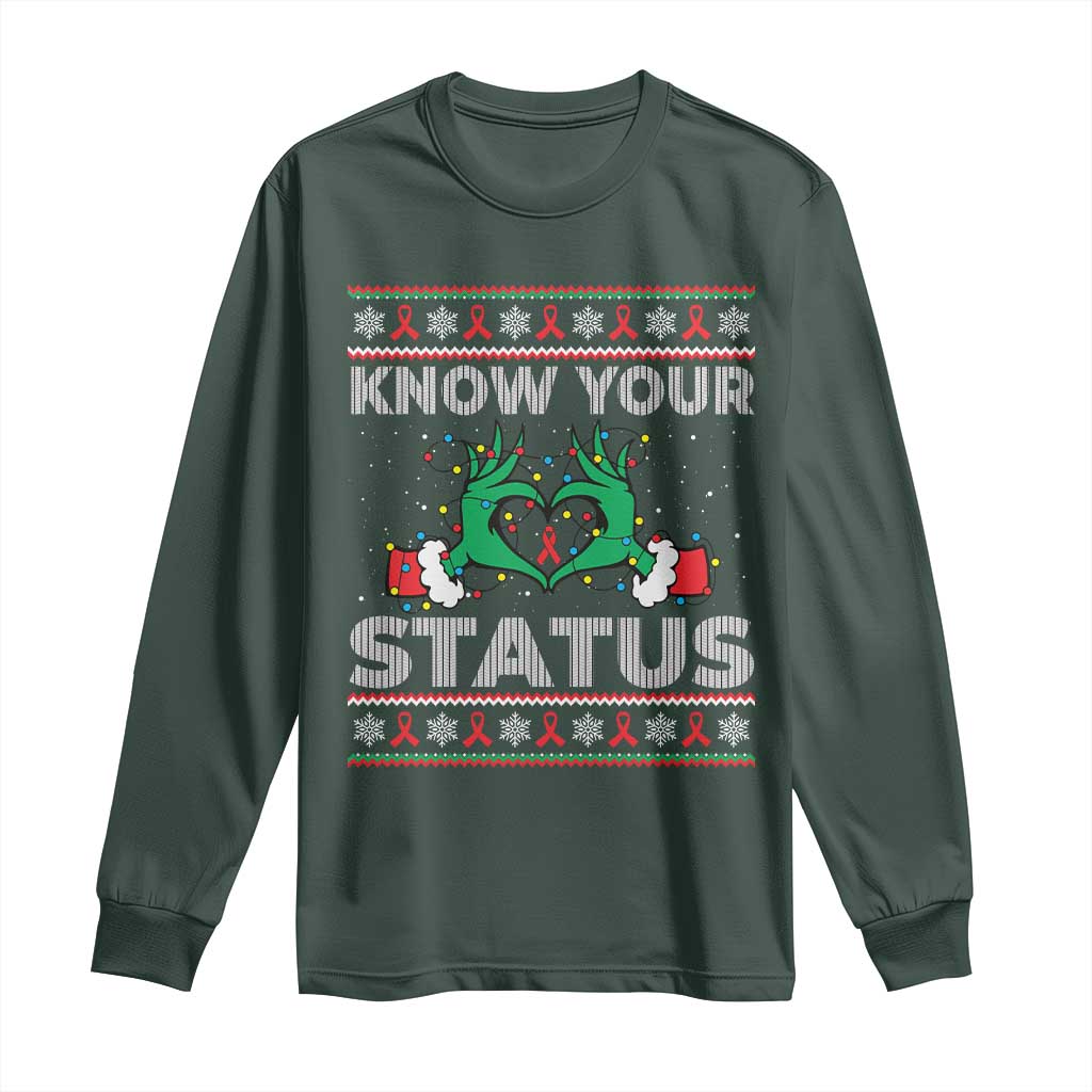 Know Your Status HIV Support Gift Long Sleeve Shirt Ugly Sweater Green Hand Red Ribbon
