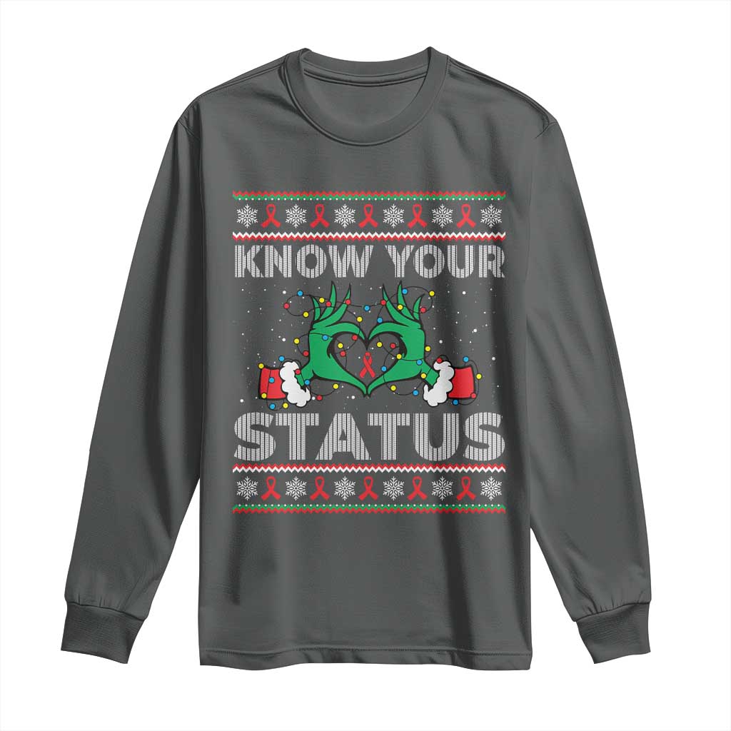 Know Your Status HIV Support Gift Long Sleeve Shirt Ugly Sweater Green Hand Red Ribbon