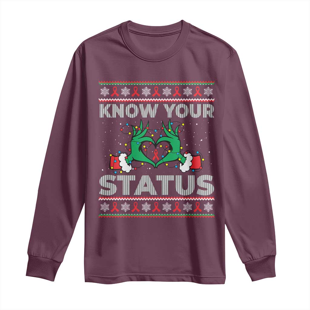 Know Your Status HIV Support Gift Long Sleeve Shirt Ugly Sweater Green Hand Red Ribbon