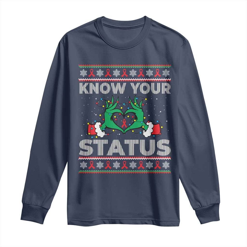 Know Your Status HIV Support Gift Long Sleeve Shirt Ugly Sweater Green Hand Red Ribbon