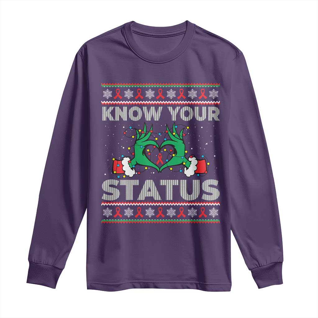 Know Your Status HIV Support Gift Long Sleeve Shirt Ugly Sweater Green Hand Red Ribbon