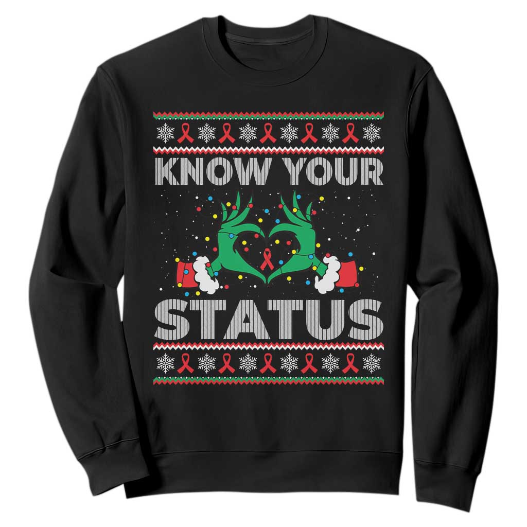 Know Your Status HIV Support Gift Sweatshirt Ugly Sweater Green Hand Red Ribbon