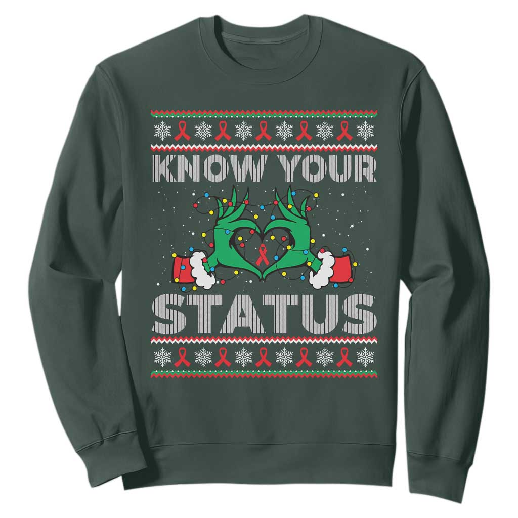 Know Your Status HIV Support Gift Sweatshirt Ugly Sweater Green Hand Red Ribbon