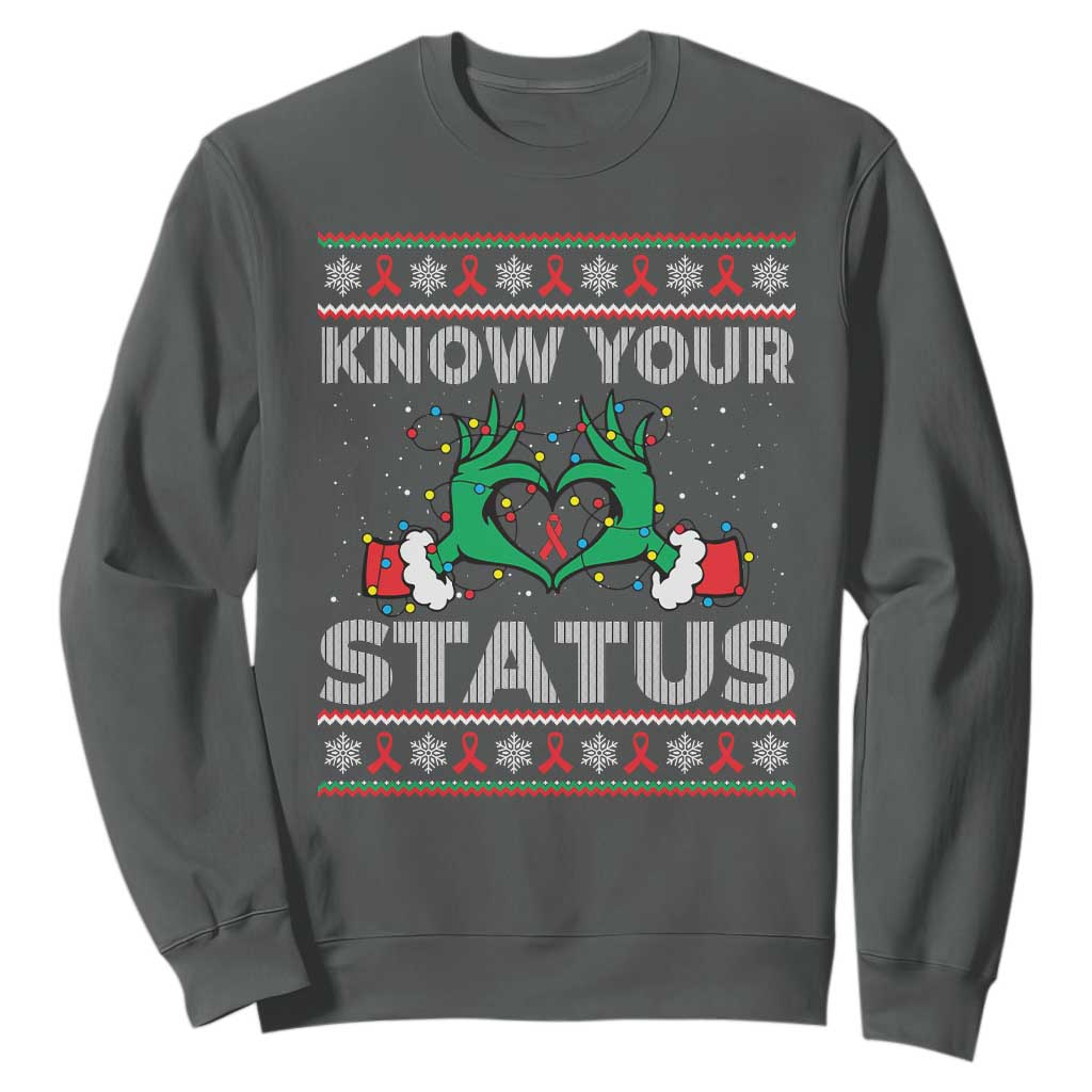 Know Your Status HIV Support Gift Sweatshirt Ugly Sweater Green Hand Red Ribbon