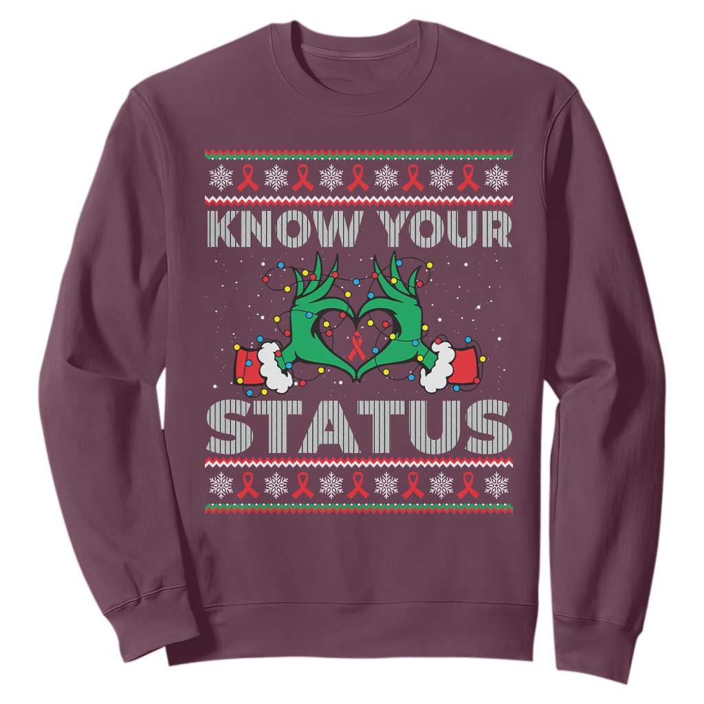 Know Your Status HIV Support Gift Sweatshirt Ugly Sweater Green Hand Red Ribbon