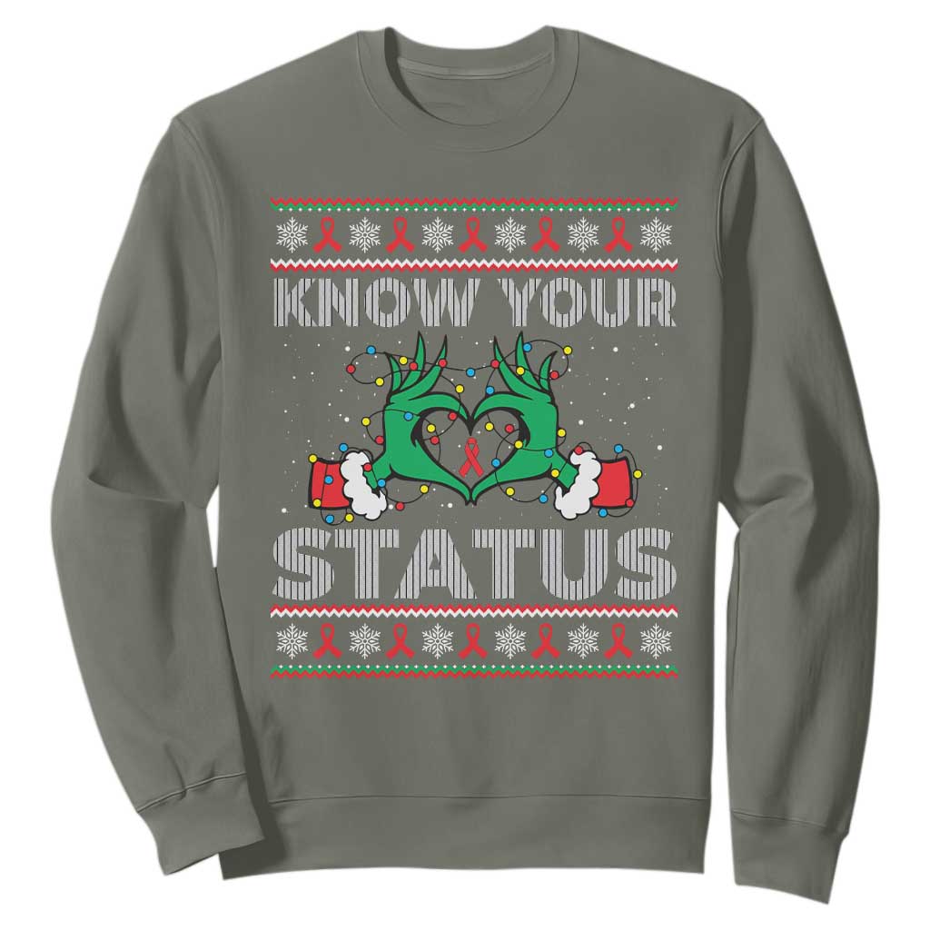 Know Your Status HIV Support Gift Sweatshirt Ugly Sweater Green Hand Red Ribbon
