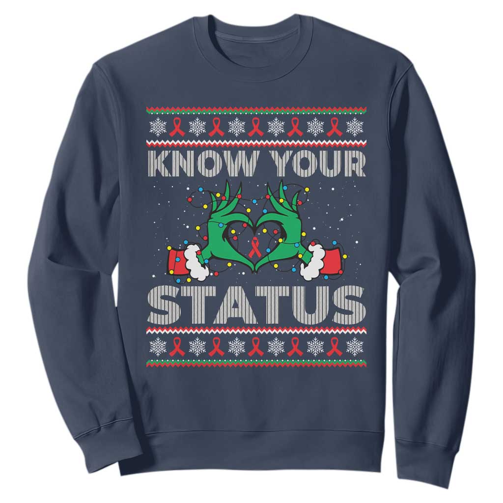 Know Your Status HIV Support Gift Sweatshirt Ugly Sweater Green Hand Red Ribbon