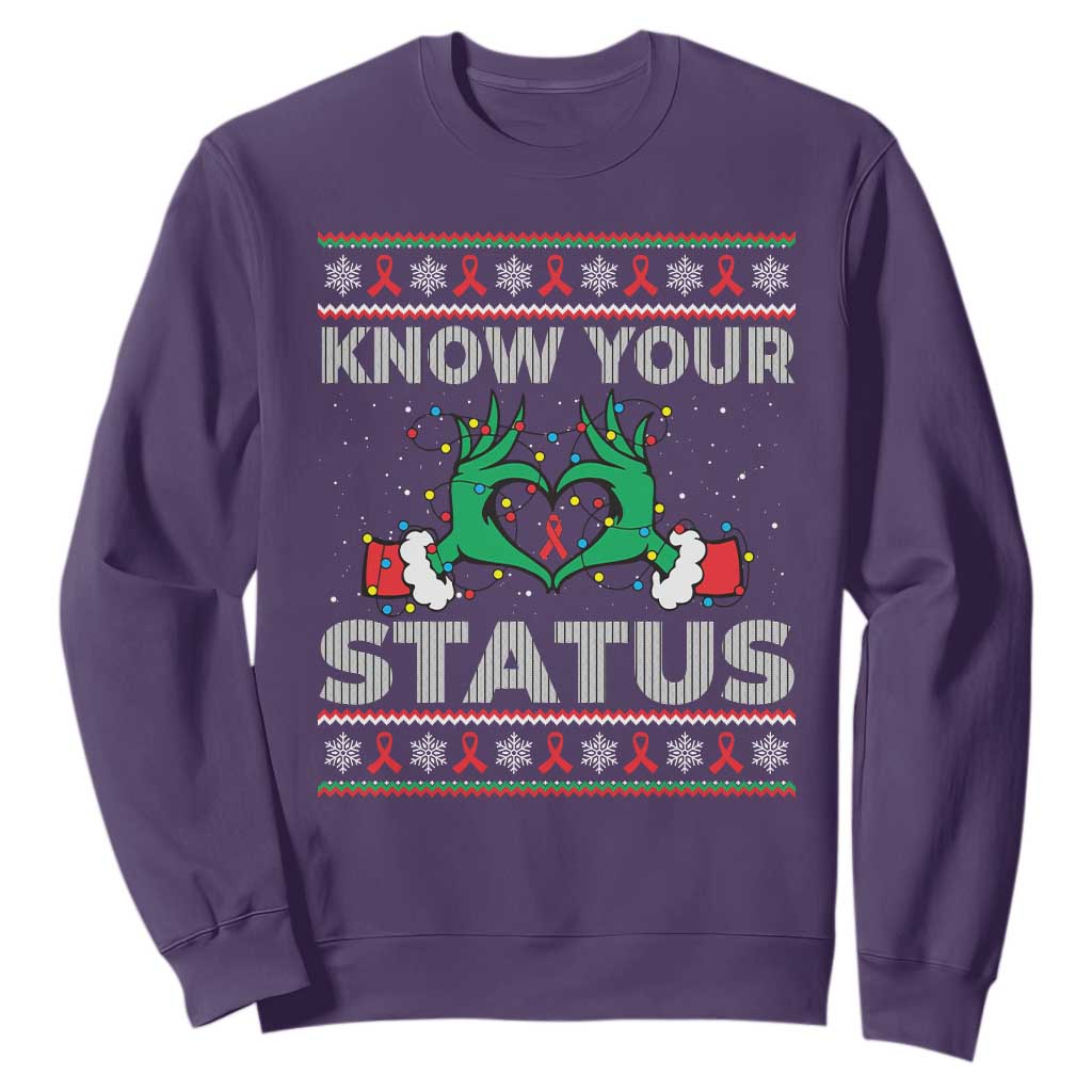 Know Your Status HIV Support Gift Sweatshirt Ugly Sweater Green Hand Red Ribbon