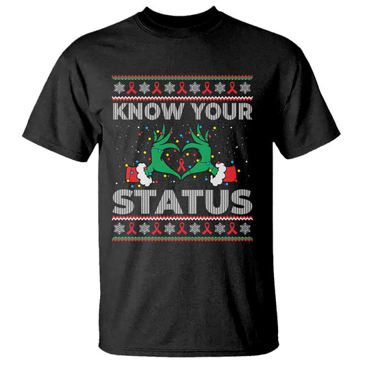 Know Your Status HIV Support Gift T Shirt Ugly Sweater Green Hand Red Ribbon