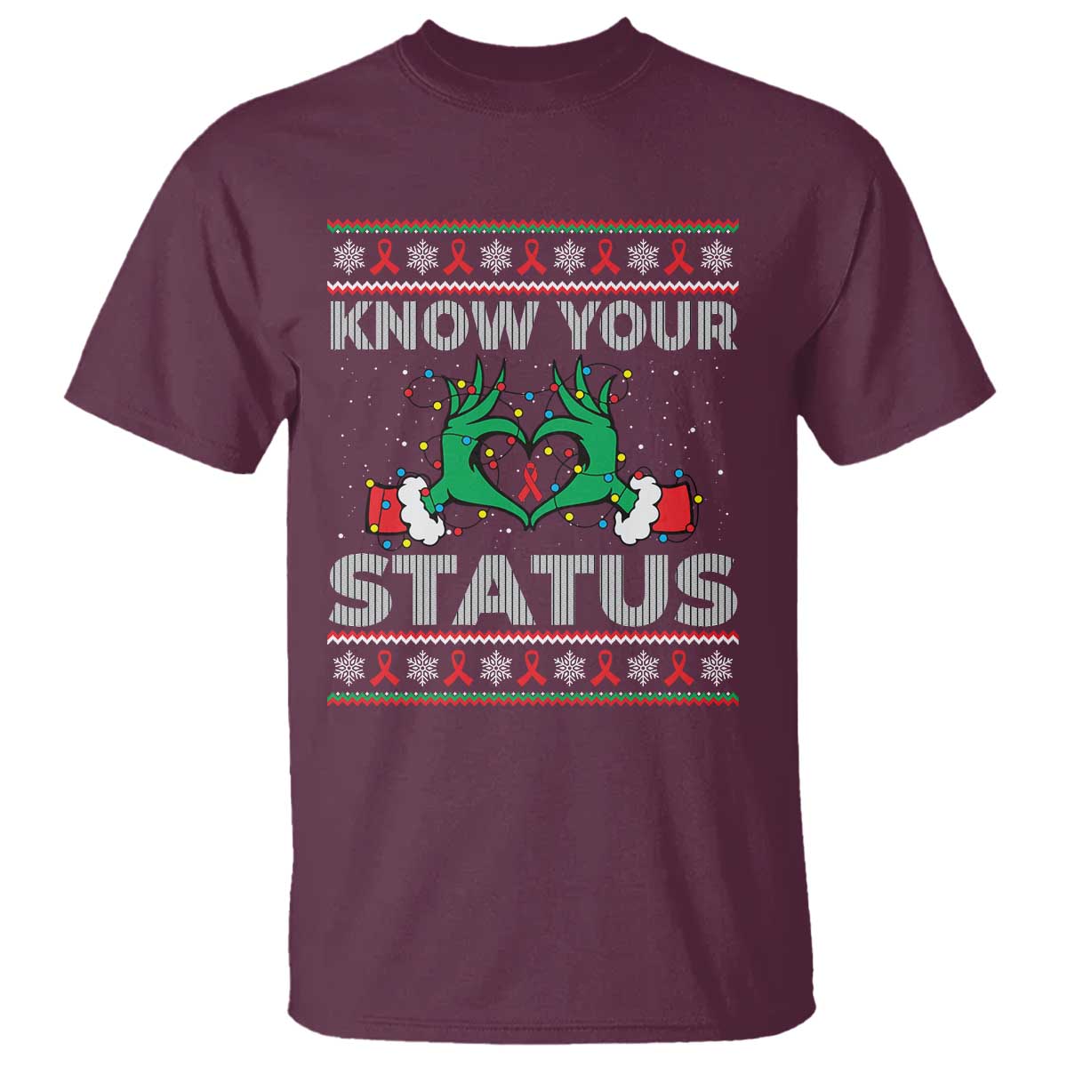 Know Your Status HIV Support Gift T Shirt Ugly Sweater Green Hand Red Ribbon