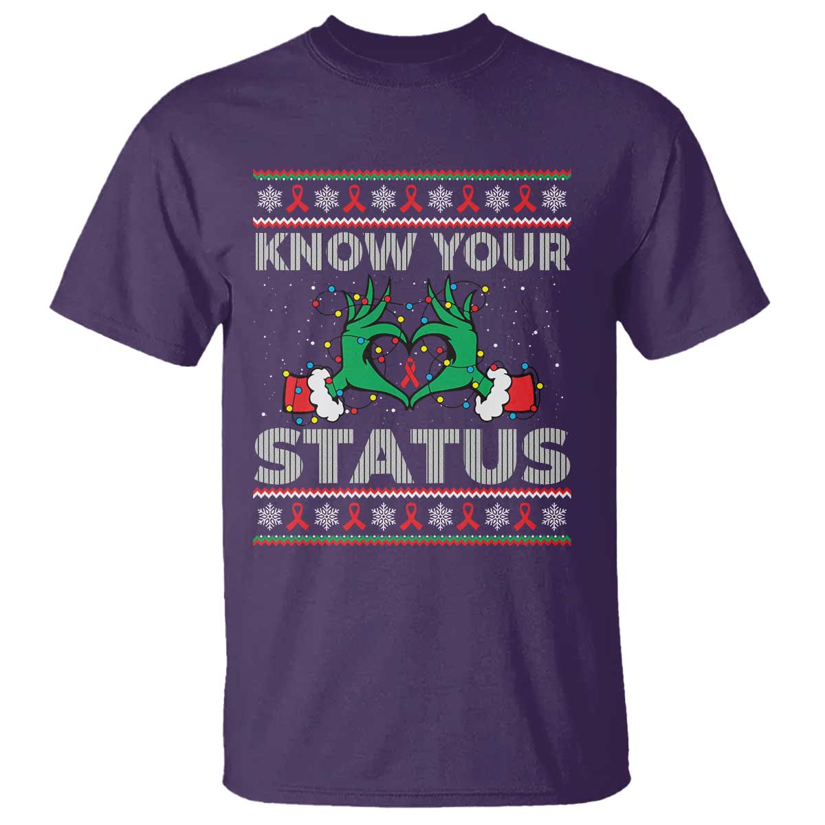 Know Your Status HIV Support Gift T Shirt Ugly Sweater Green Hand Red Ribbon