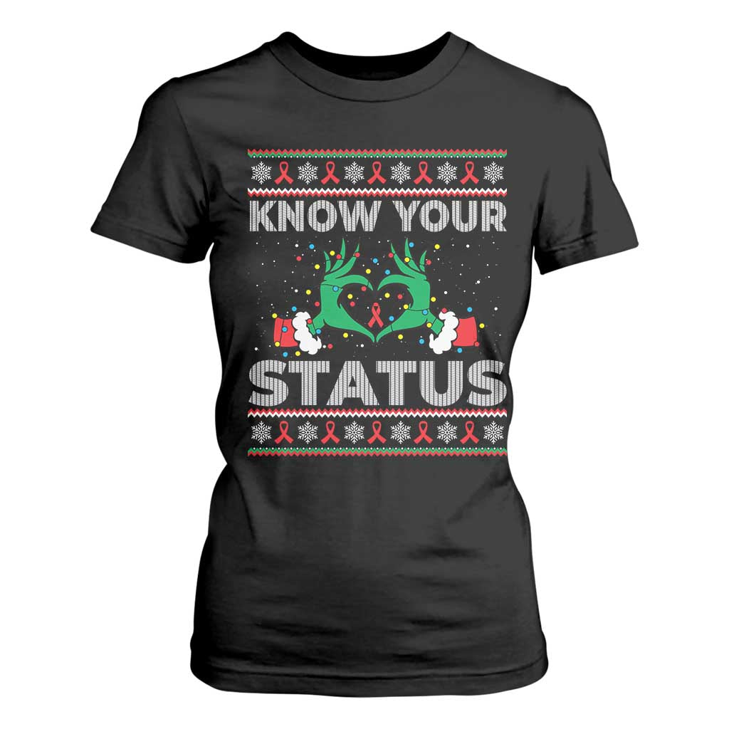 Know Your Status HIV Support Gift T Shirt For Women Ugly Sweater Green Hand Red Ribbon