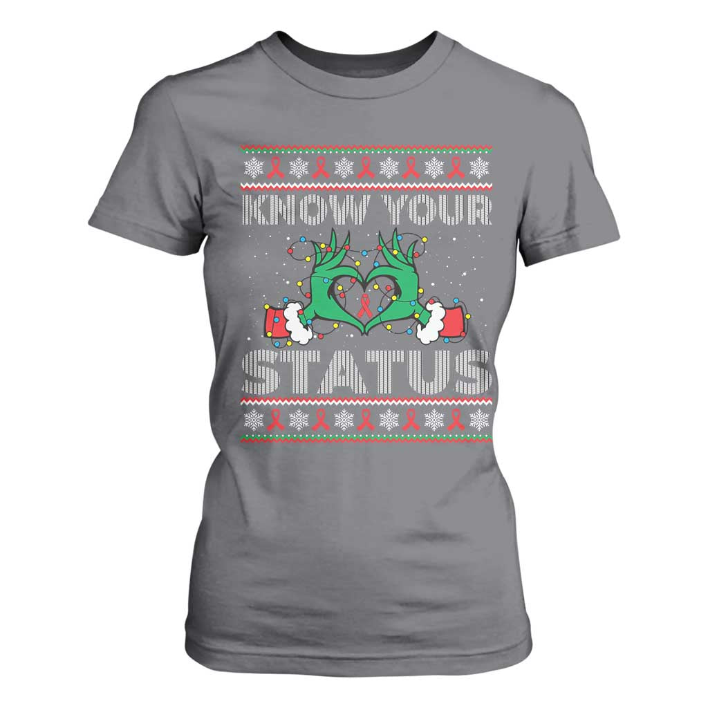 Know Your Status HIV Support Gift T Shirt For Women Ugly Sweater Green Hand Red Ribbon