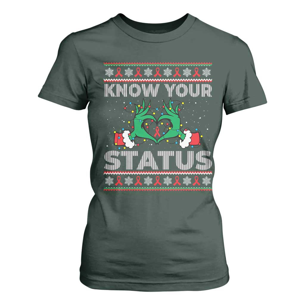Know Your Status HIV Support Gift T Shirt For Women Ugly Sweater Green Hand Red Ribbon