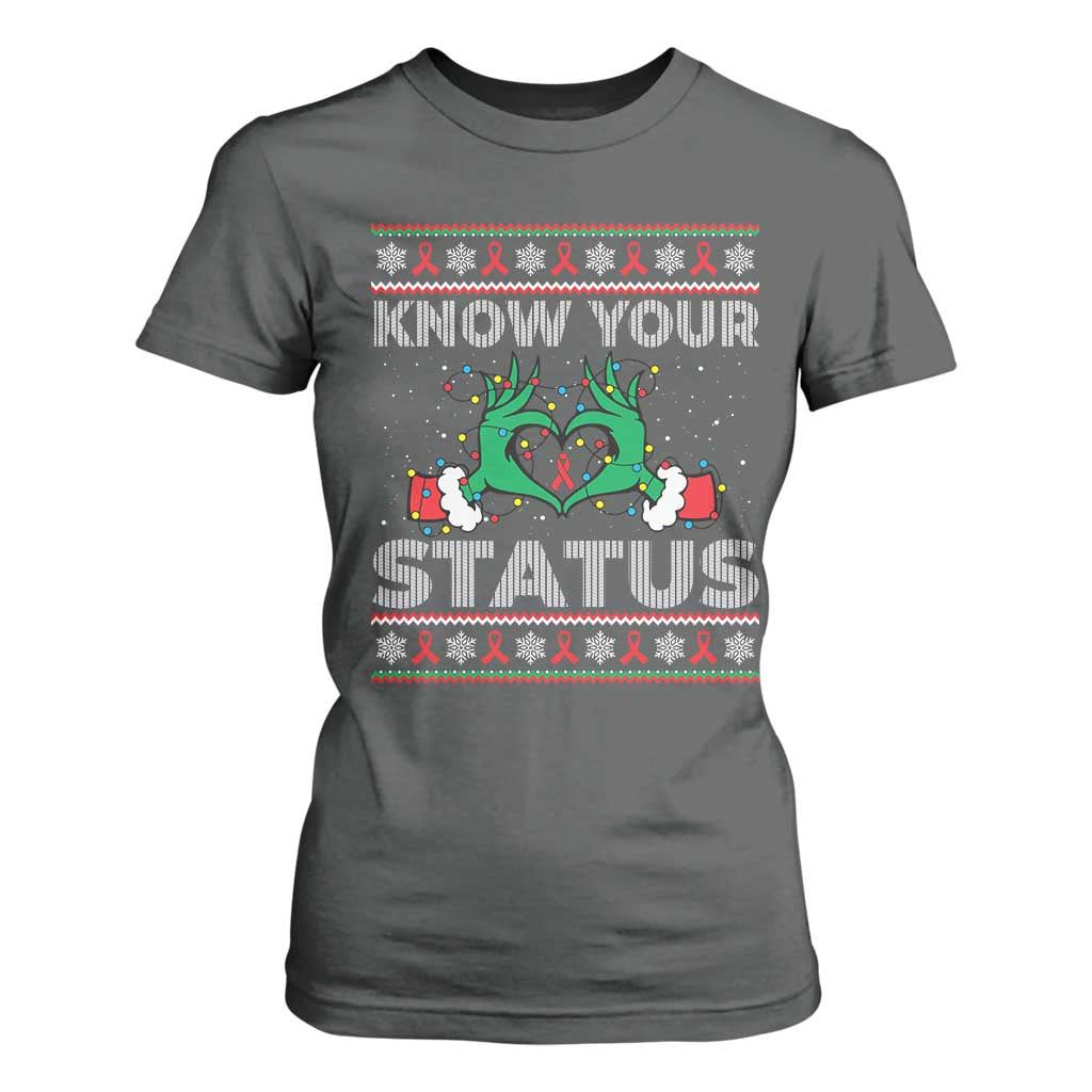 Know Your Status HIV Support Gift T Shirt For Women Ugly Sweater Green Hand Red Ribbon
