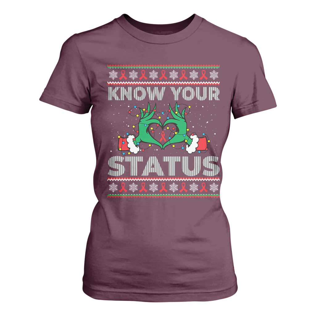 Know Your Status HIV Support Gift T Shirt For Women Ugly Sweater Green Hand Red Ribbon