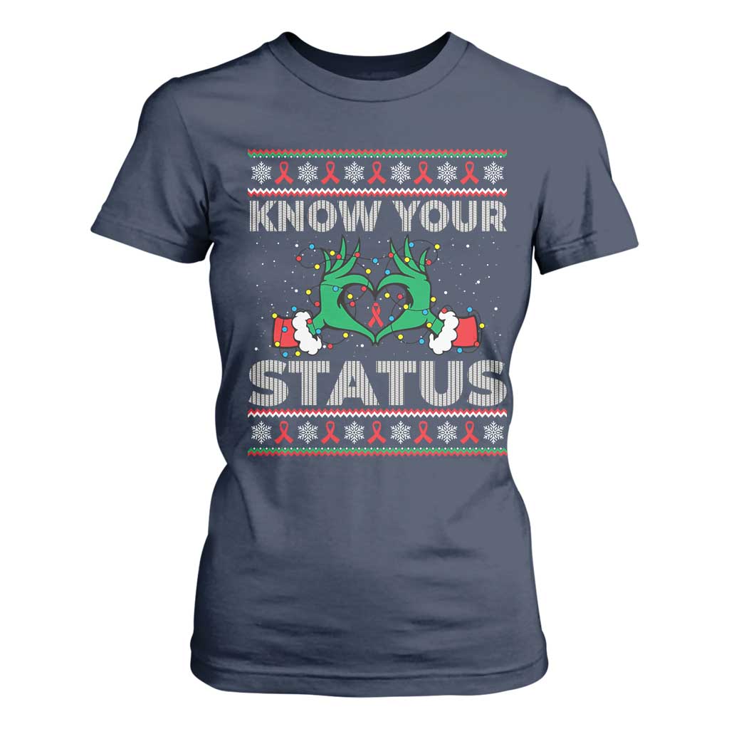 Know Your Status HIV Support Gift T Shirt For Women Ugly Sweater Green Hand Red Ribbon