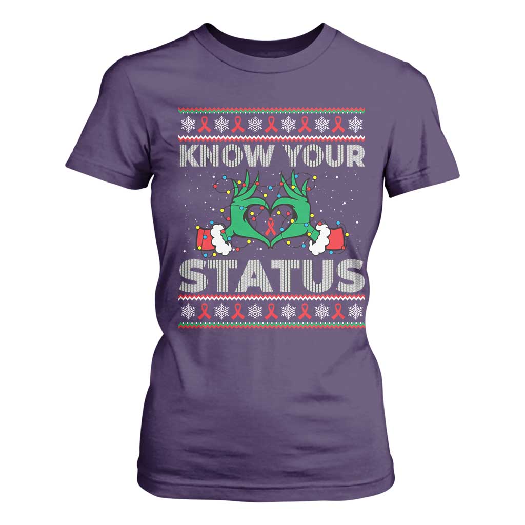 Know Your Status HIV Support Gift T Shirt For Women Ugly Sweater Green Hand Red Ribbon