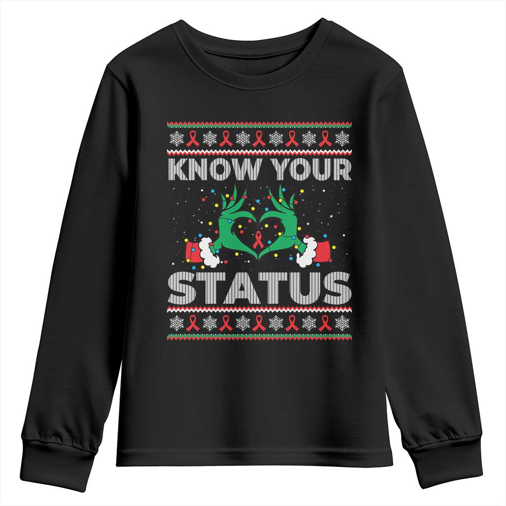 Know Your Status HIV Support Gift Youth Sweatshirt Ugly Sweater Green Hand Red Ribbon