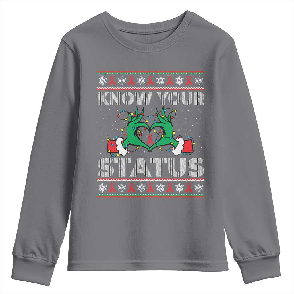 Know Your Status HIV Support Gift Youth Sweatshirt Ugly Sweater Green Hand Red Ribbon